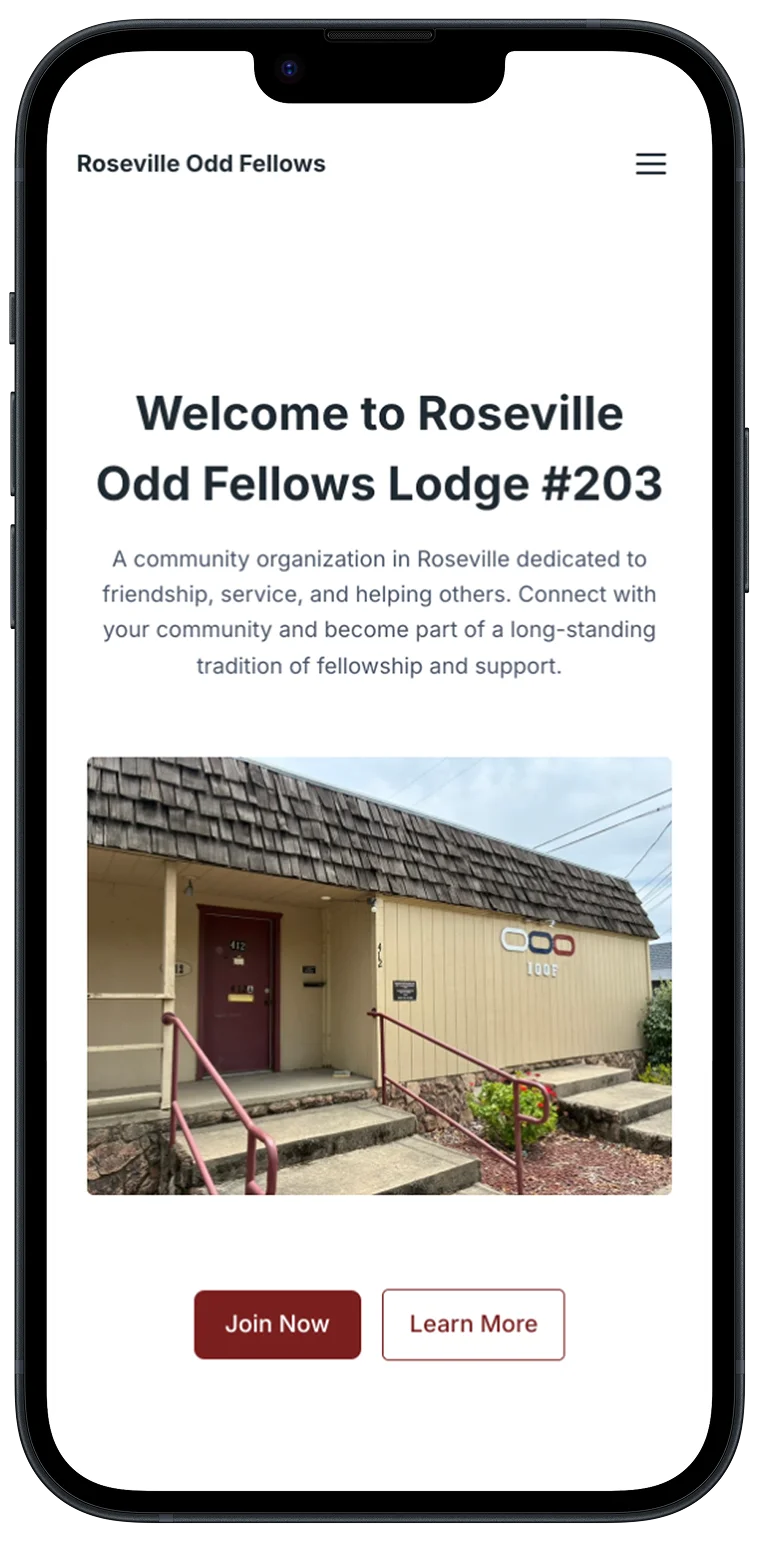 Mobile view of the Roseville Odd Fellows homepage showing the responsive navigation, lodge introduction, and Join Now and Learn More buttons.