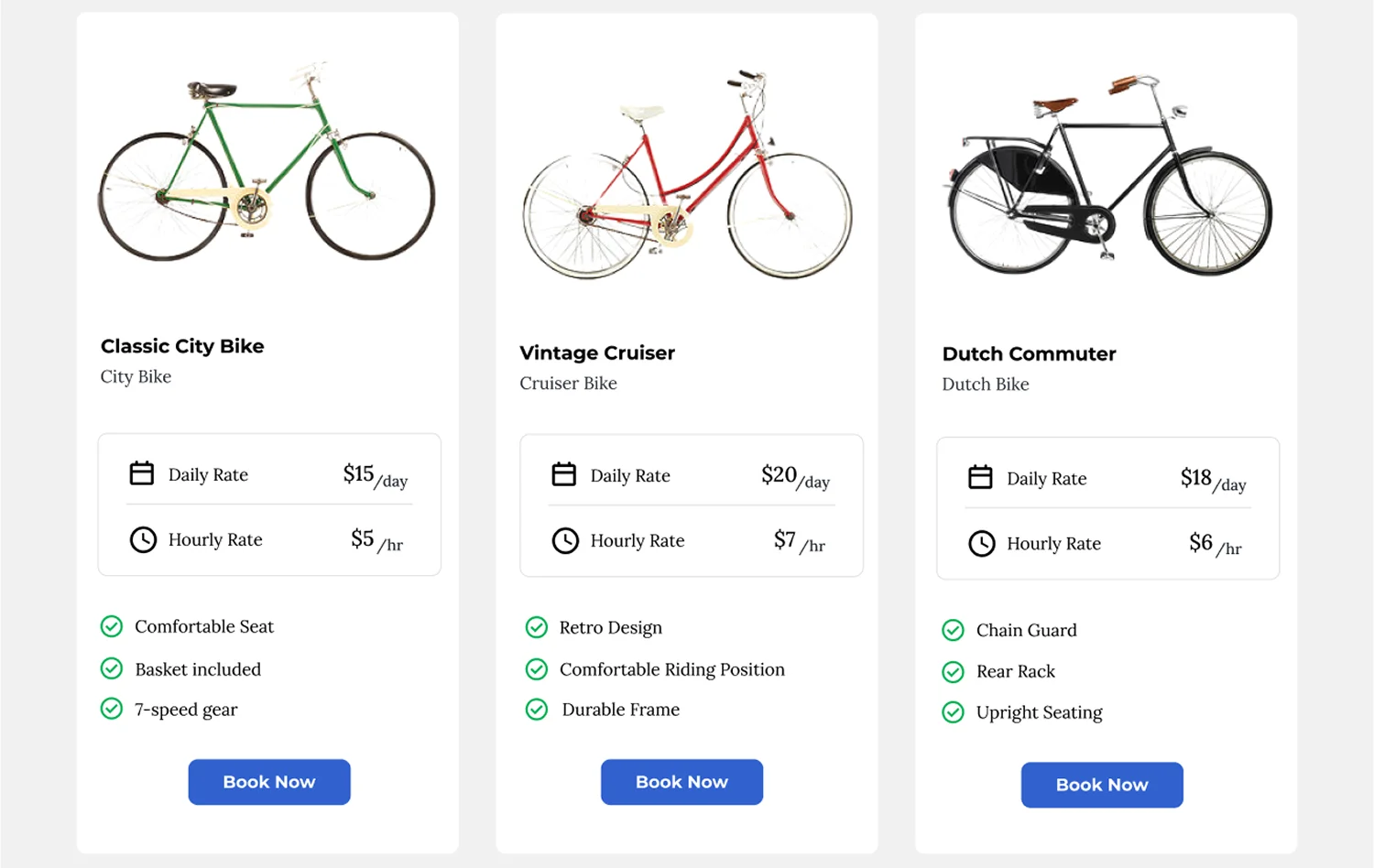 City Cycles rental comparison cards showing three bike options with daily and hourly pricing, key features, and clear Book Now buttons.