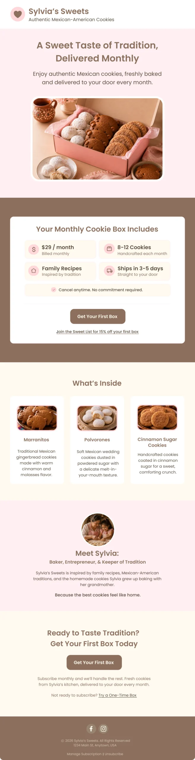 Sylvia's Sweets promotional email campaign featuring the Mexican cookie subscription, product benefits, and calls to action.