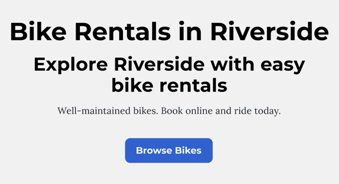 Redesigned City Cycles homepage hero emphasizing Riverside bike rentals with clear messaging and a prominent Browse Bikes call to action.