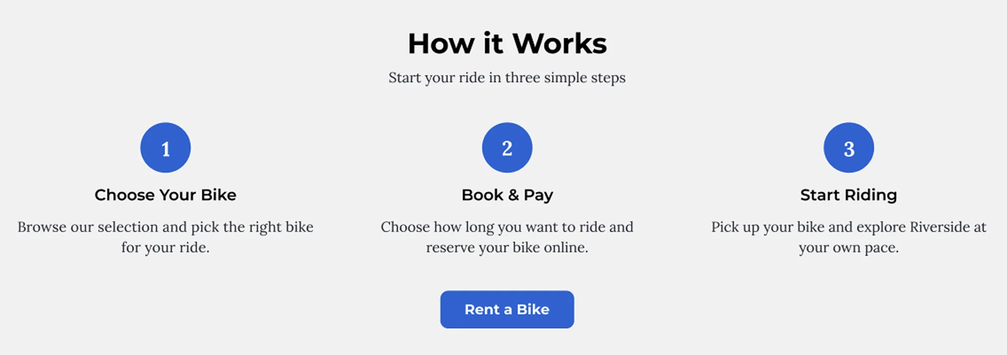 Redesigned City Cycles How It Works section explaining the three-step rental process: choose a bike, book and pay online, and start riding.