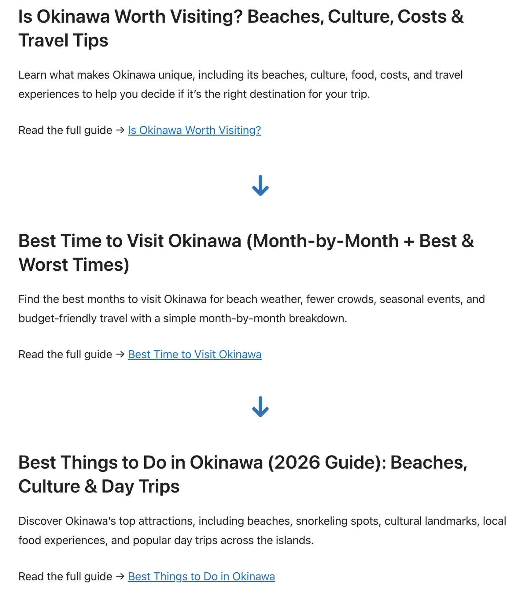 Internal linking map connecting Okinawa Compass travel articles from destination research through itinerary planning.