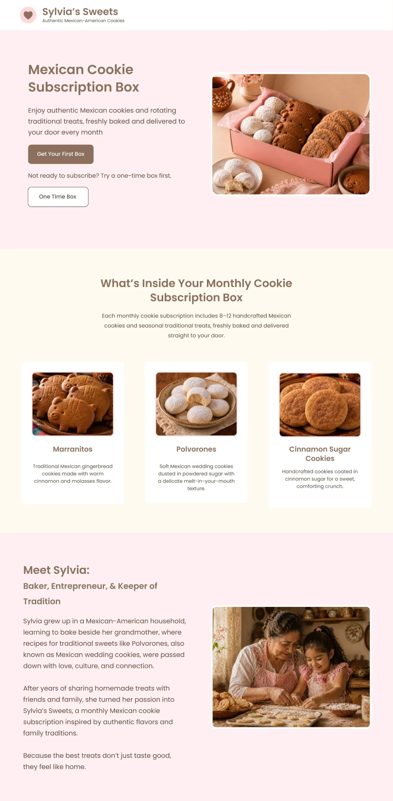 Sylvia's Sweets responsive landing page design for a Mexican cookie subscription service, featuring subscription options, product information, and calls to action.