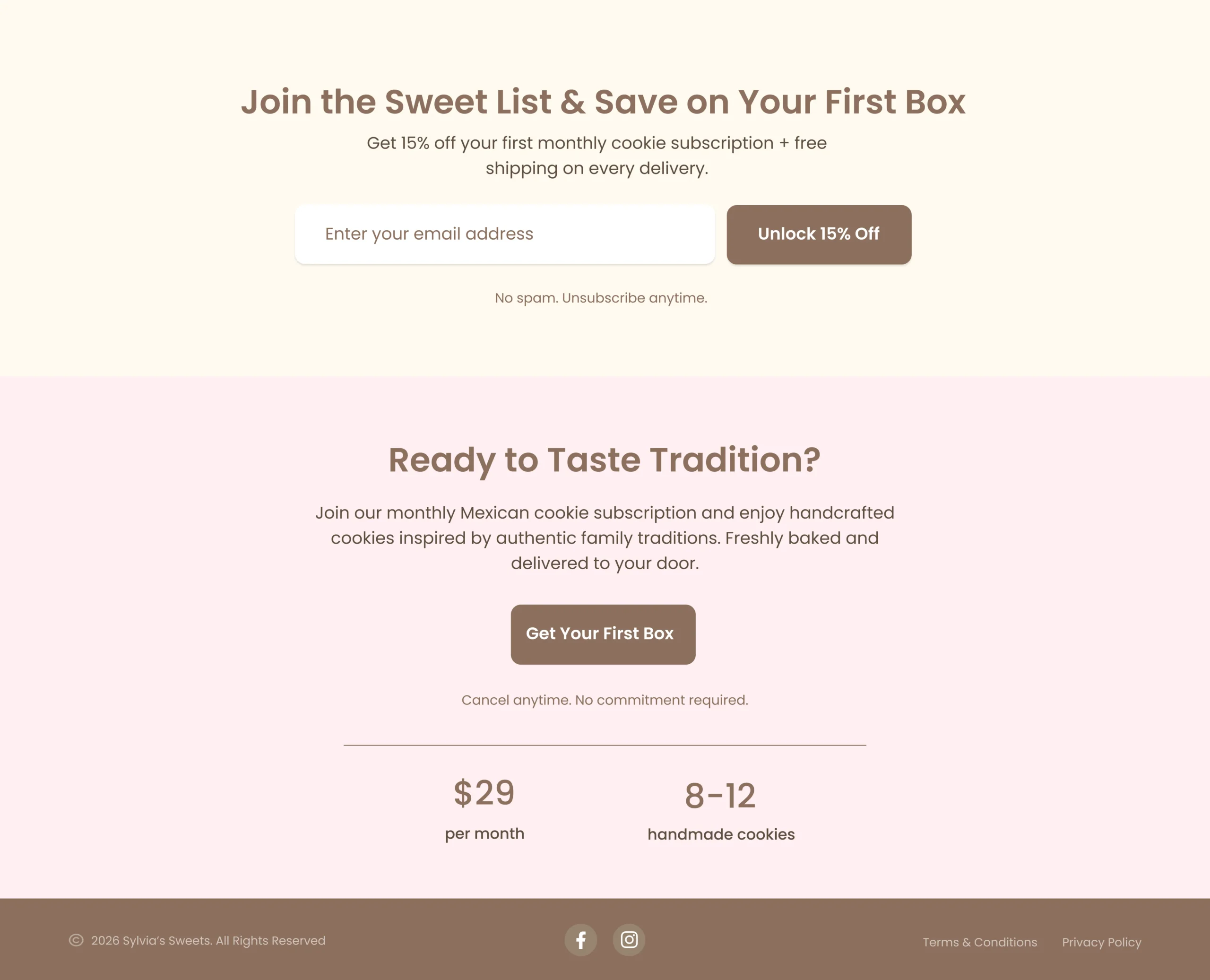 Bottom section of the Sylvia's Sweets landing page featuring a 15% email signup offer and final call to action to subscribe.