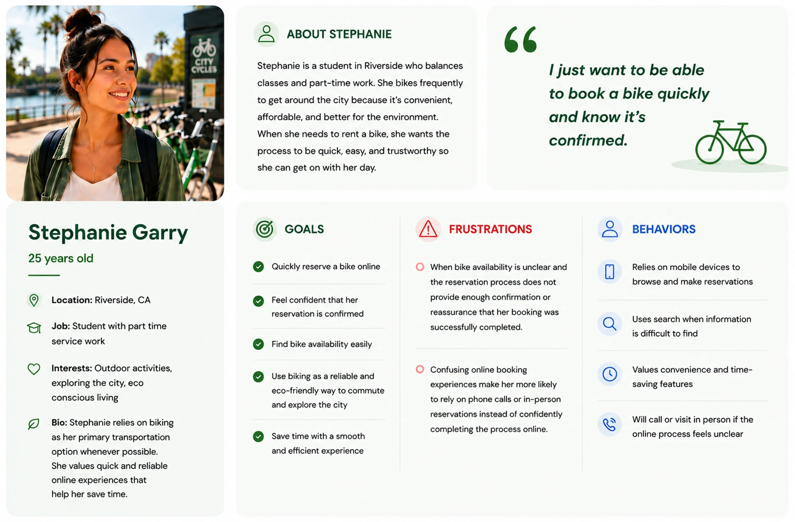 City Cycles user journey map showing how a visitor moves from arriving at the site to attempting a reservation, with feelings shifting from hopeful and excited to confused, frustrated, and uncertain while booking.