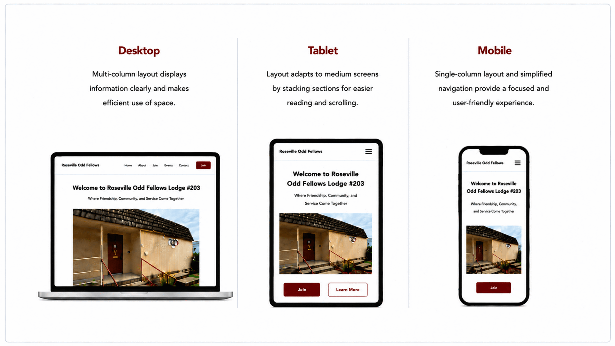 Roseville Odd Fellows website displayed across desktop, tablet, and mobile screen sizes.