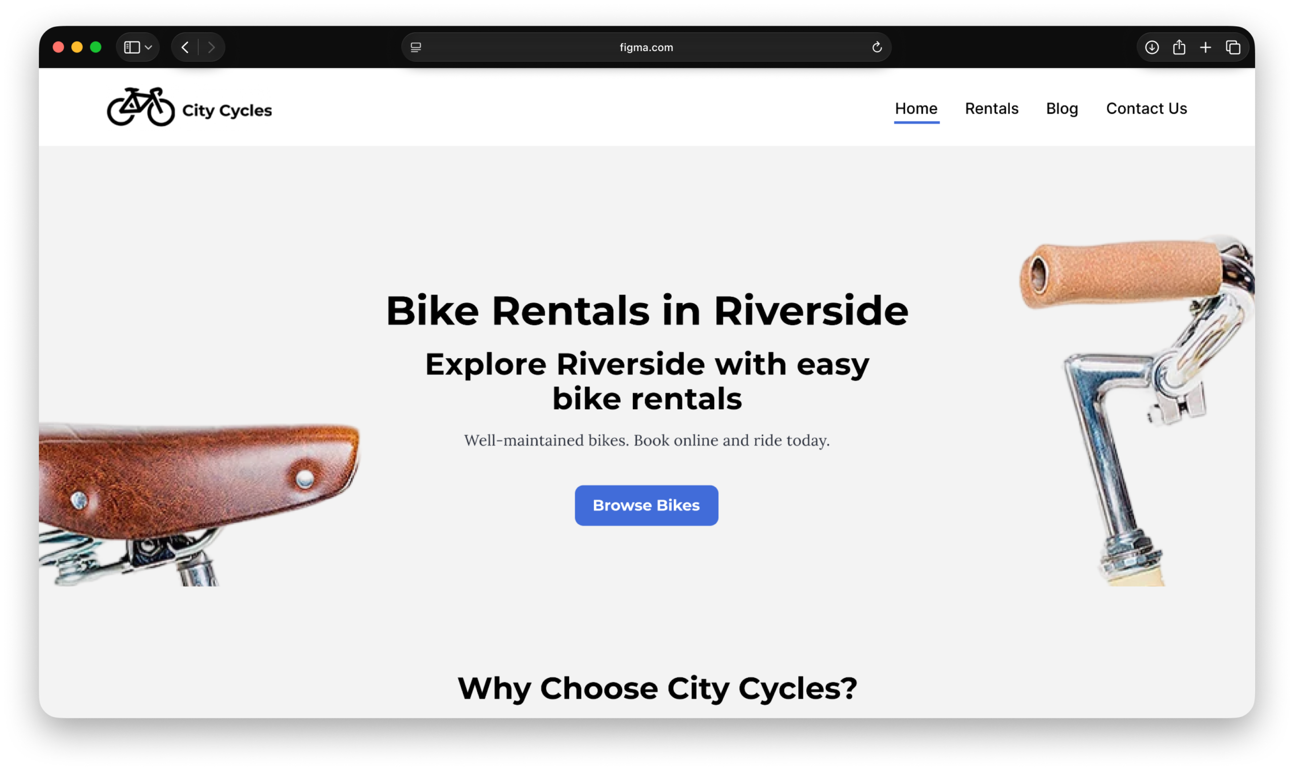 City Cycles website hero mockup highlighting Riverside bike rentals.