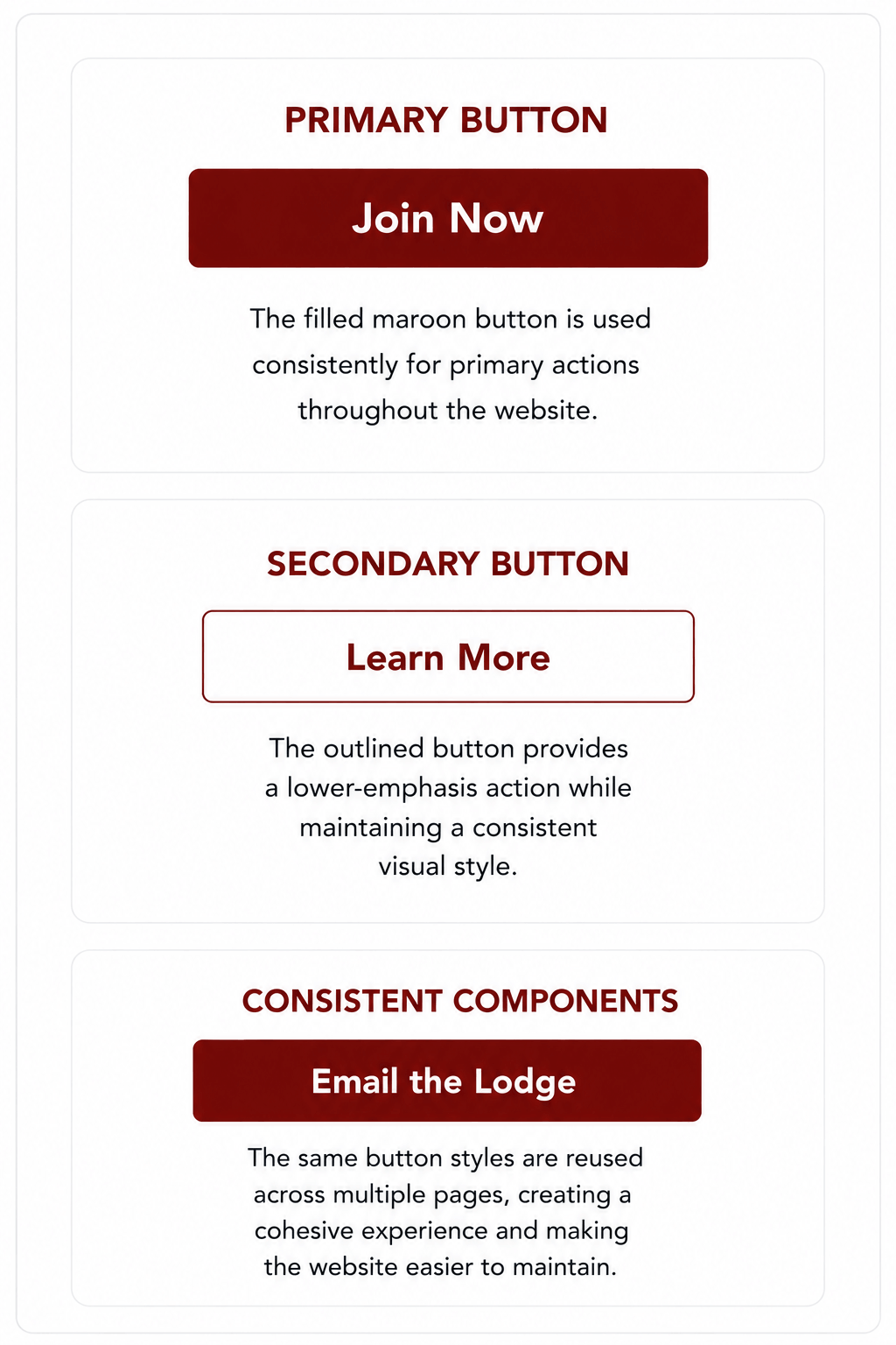 Roseville Odd Fellows button system showing consistent primary and secondary call-to-action styles
