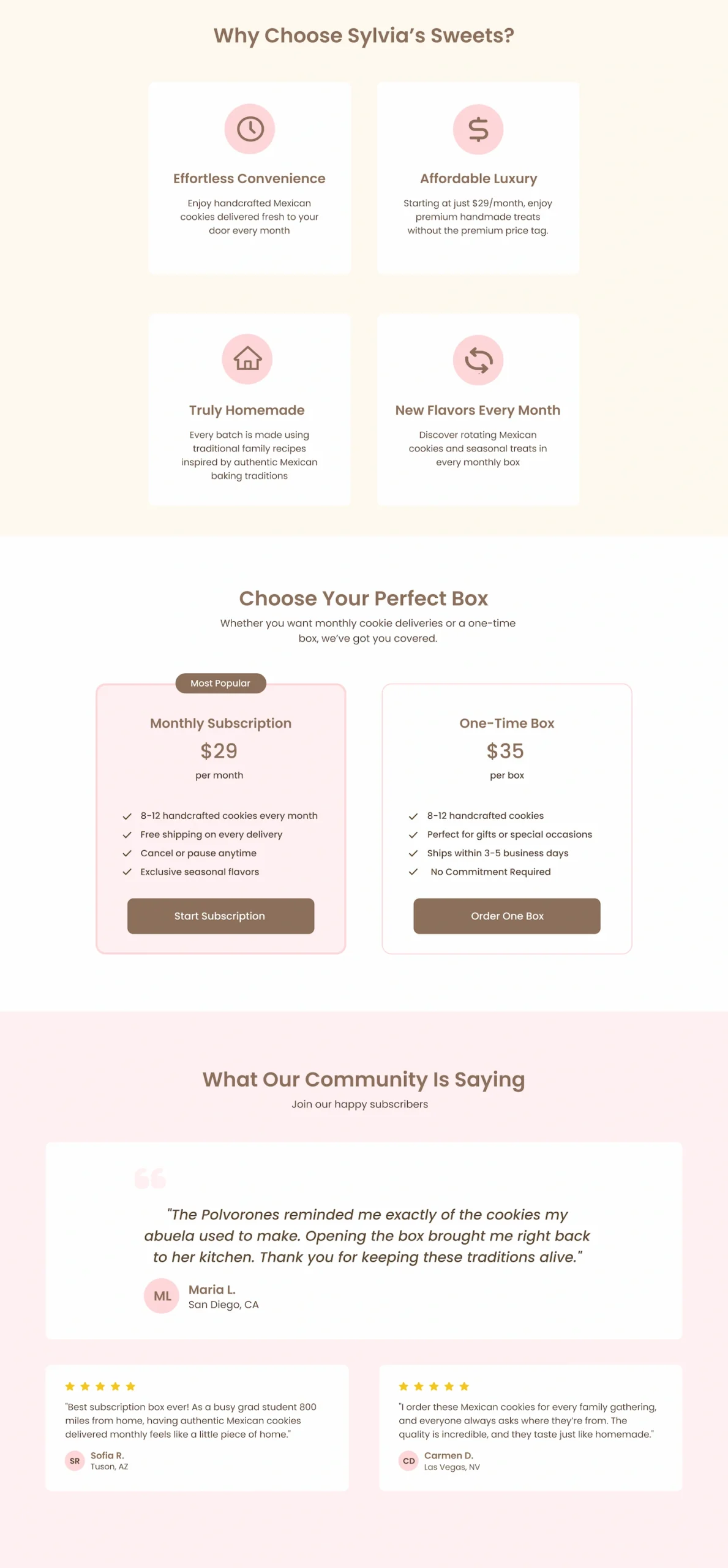 Middle section of the Sylvia's Sweets landing page featuring subscription benefits, box pricing options, and customer testimonials.