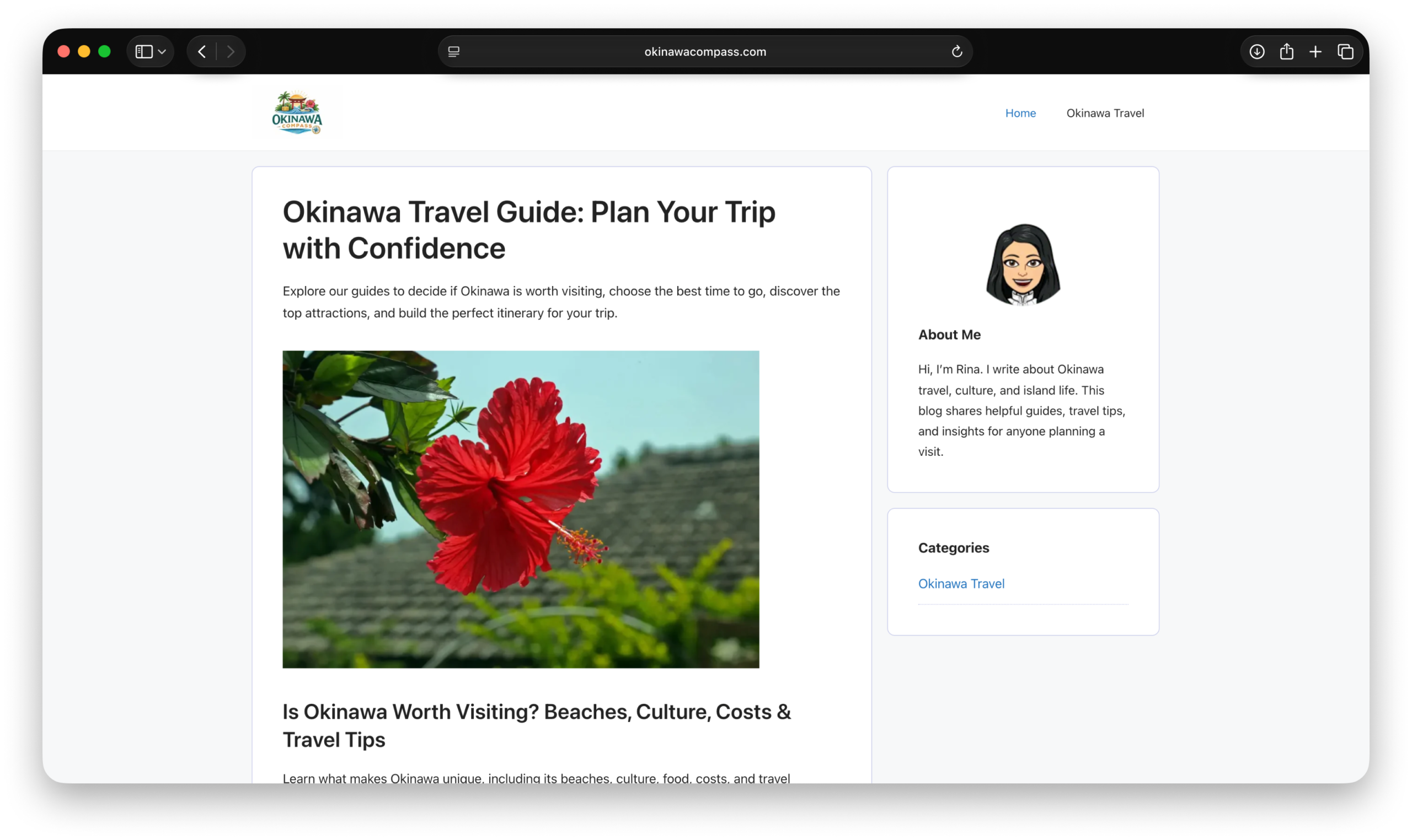 Website mockup of the Okinawa Compass travel website featured in this SEO and WordPress case study.