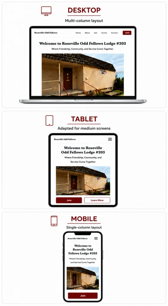 Roseville Odd Fellows website displayed across desktop, tablet, and mobile screen sizes