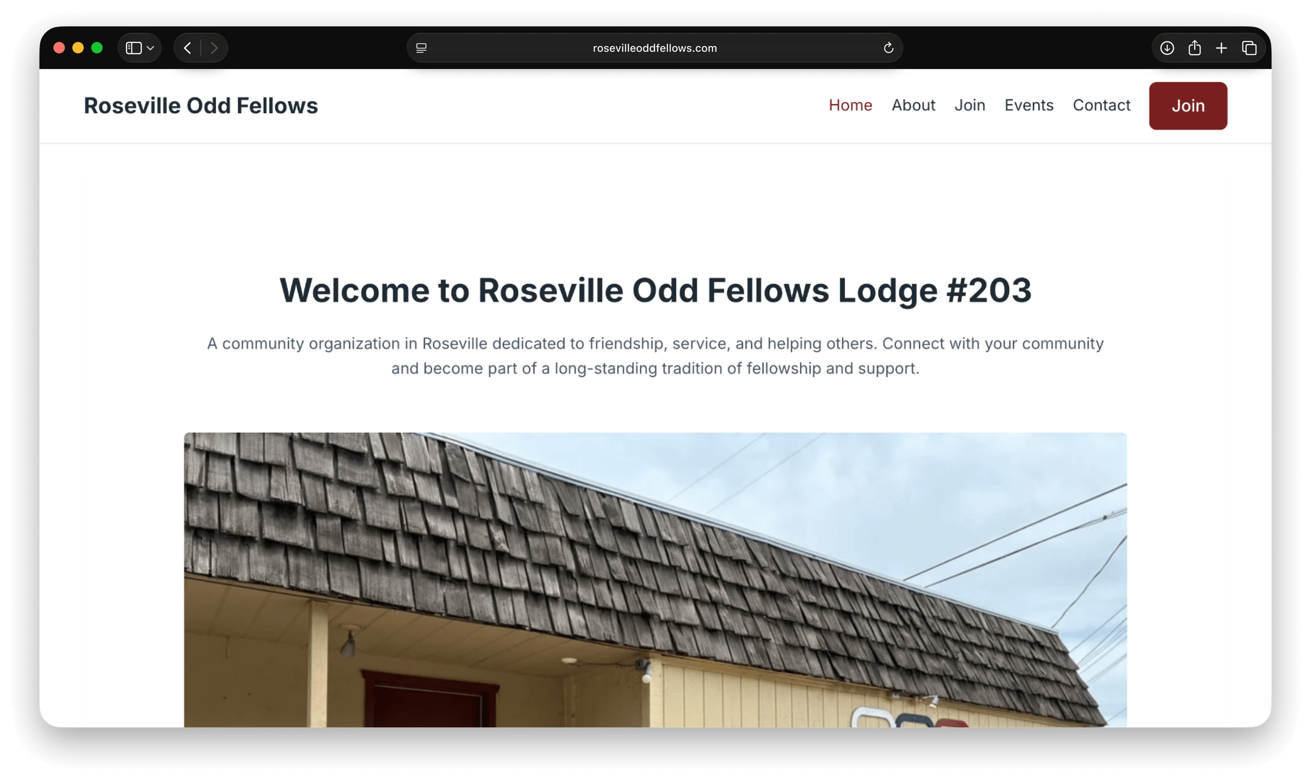 Roseville Odd Fellows website hero mockup introducing Lodge #203 with a lodge photo