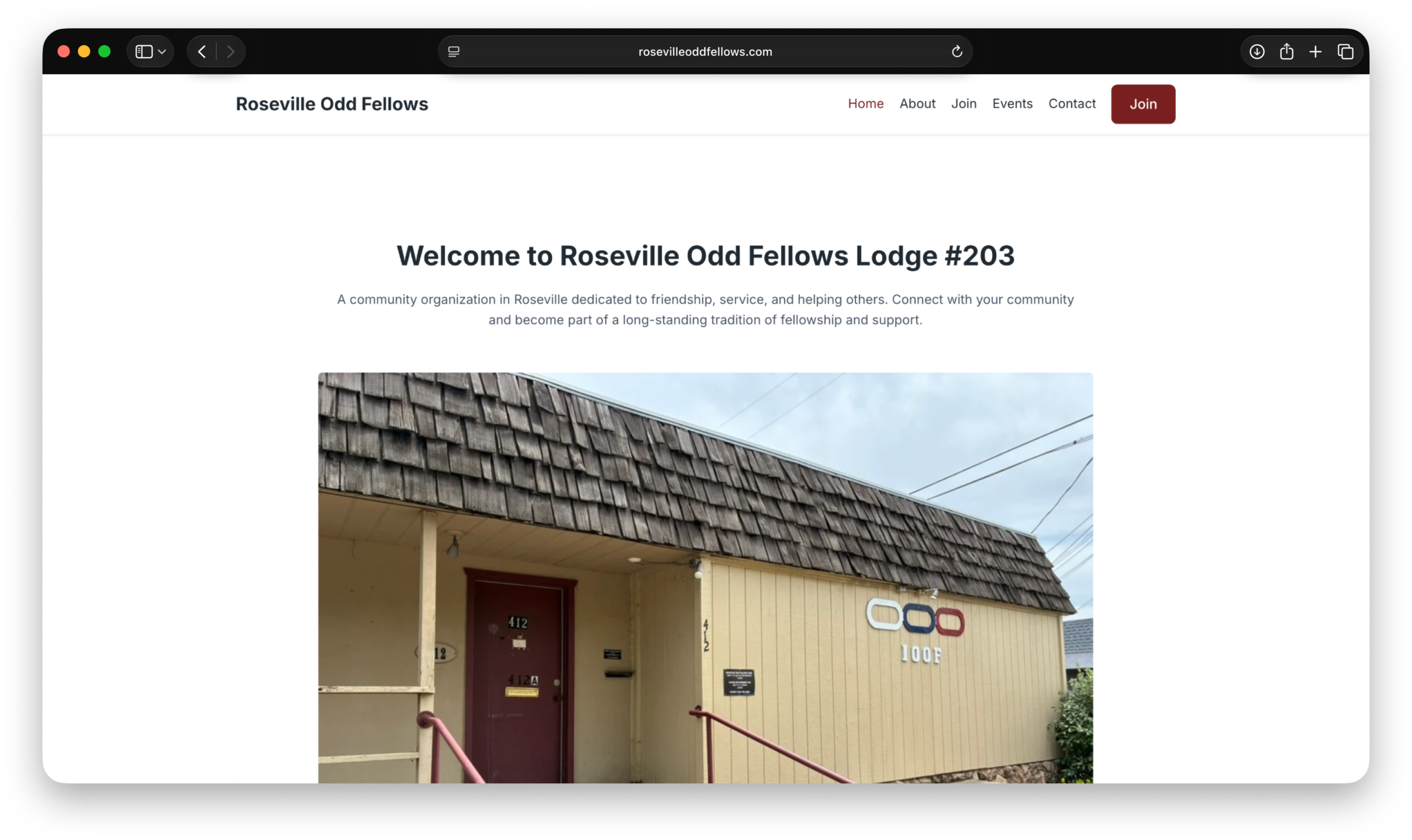 Roseville Odd Fellows website hero mockup introducing Lodge #203 with a lodge photo.
