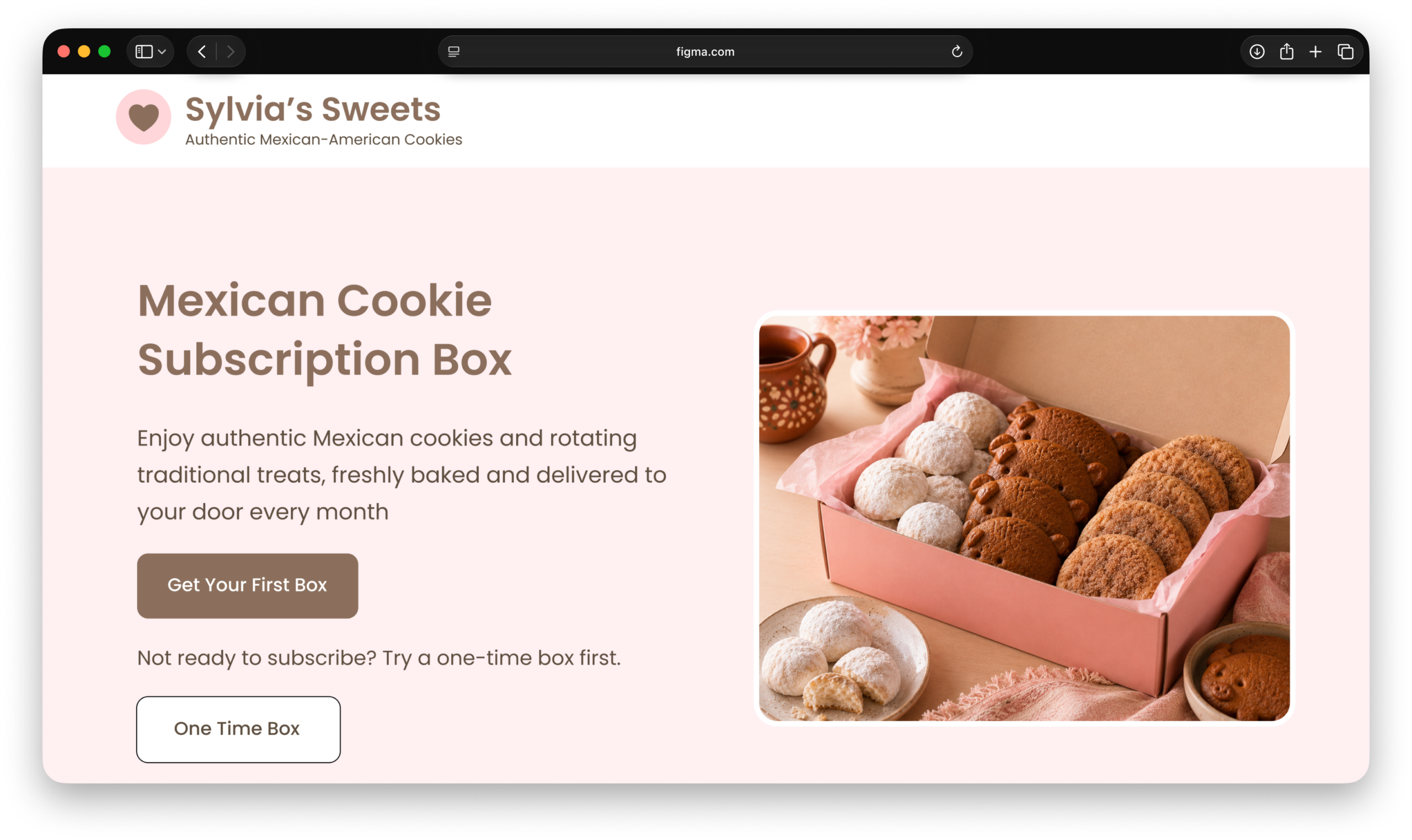 Sylvia’s Sweets landing page hero mockup promoting a Mexican cookie subscription.