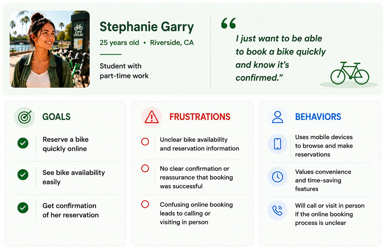 Current City Cycles booking journey showing a four-step reservation process with usability issues including unclear calls to action, scattered rental details, excessive scrolling, and an email-based final reservation step