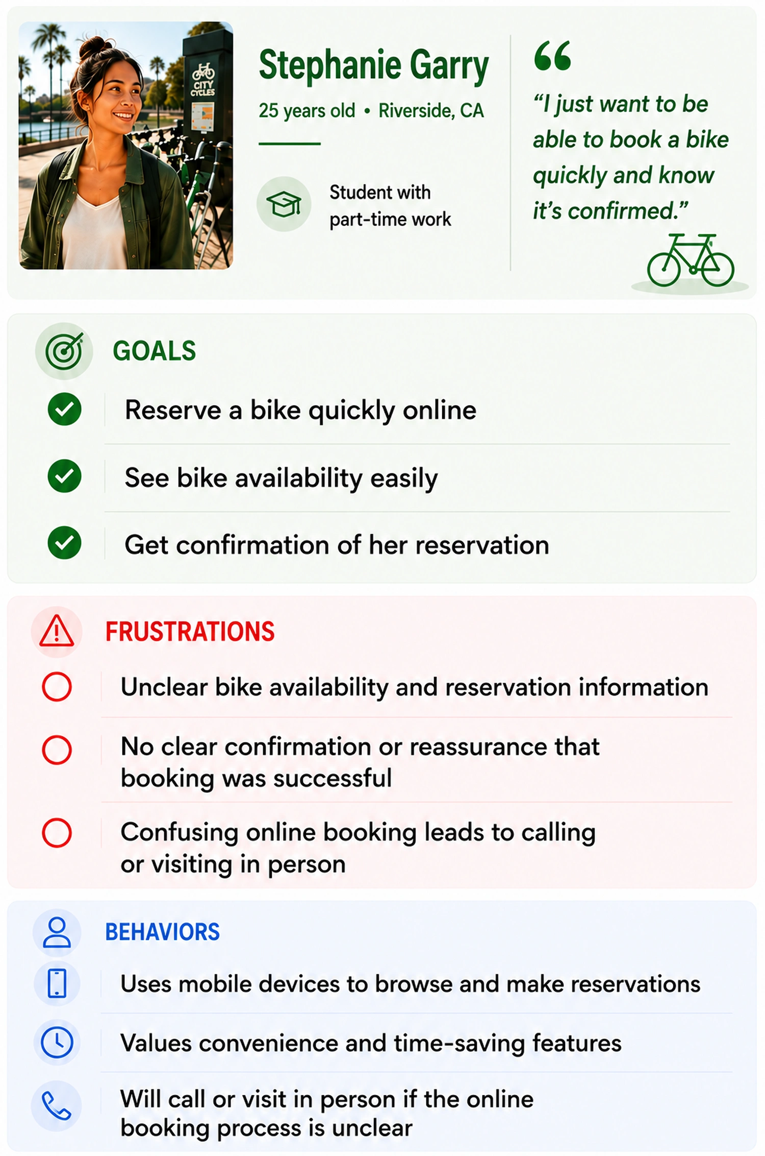 Current City Cycles booking journey showing a four-step reservation process with usability issues including unclear calls to action, scattered rental details, excessive scrolling, and an email-based final reservation step