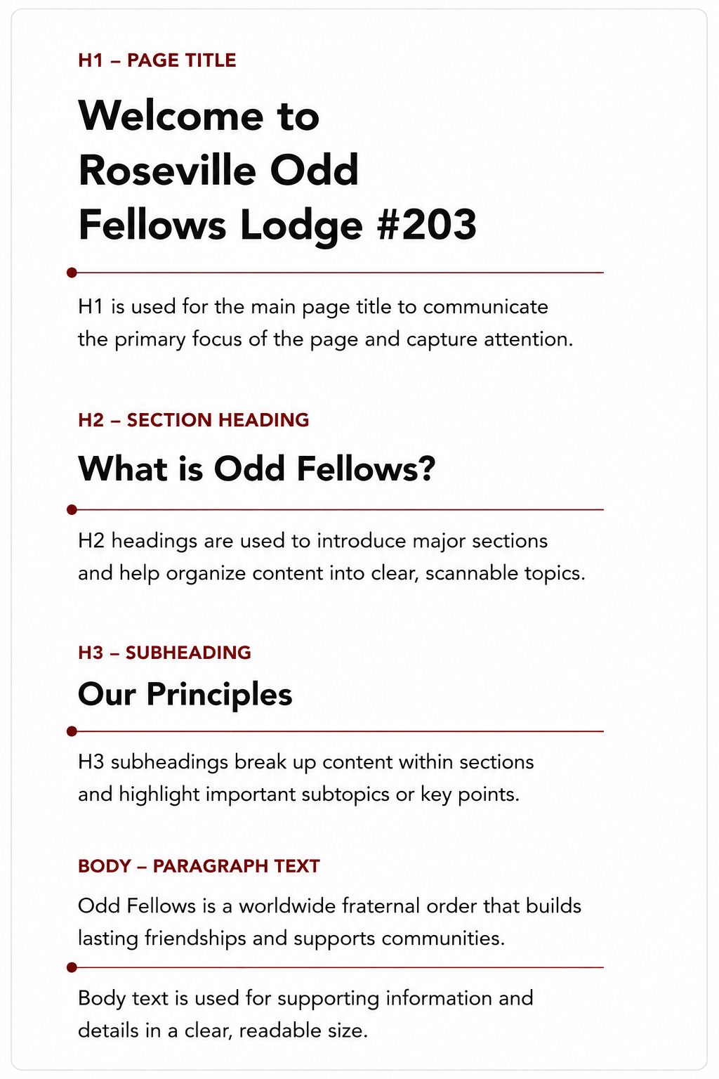 Roseville Odd Fellows typography system demonstrating visual hierarchy through H1, H2, H3, and body text styles